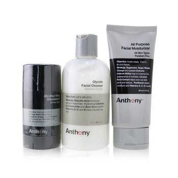 Anthony Basic Kit With Alcohol Free Deodorant: Cleanser 237ml + Moisturizer 90ml + Deodorant 70g