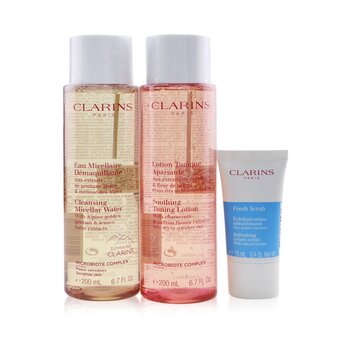 Clarins Perfect Cleansing Set (Very Dry or Sensitive Skin): Micellar Water 200ml+ Toning Lotion 200ml+ Fresh Scrub 15ml+ Bag
