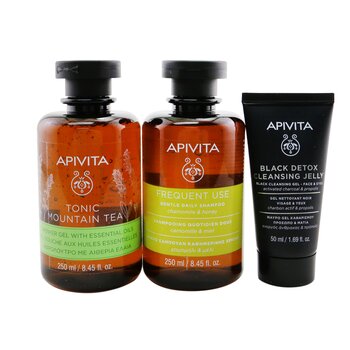 Apivita Natures Greetings Set: Tonic Mountain Tea Shower Gel 250ml+ Gentle Daily Shampoo 250ml+ Black Cleansing Gel 50ml