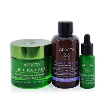 Apivita Fresh & Glow (Bee Radiant- Rich Texture) Gift Set: Cream 50ml+ Serum 10ml+ Cleansing Creamy Foam 75ml+ Pouch